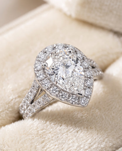 The Lira French Pavé Split Shank Halo Pear Engagement Ring Setting in Platinum