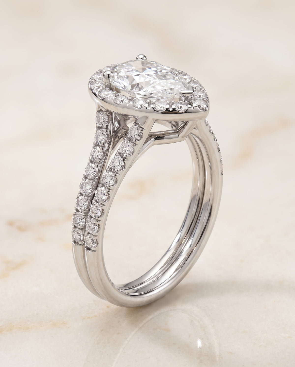 The Lira French Pavé Split Shank Halo Pear Engagement Ring Setting in Platinum