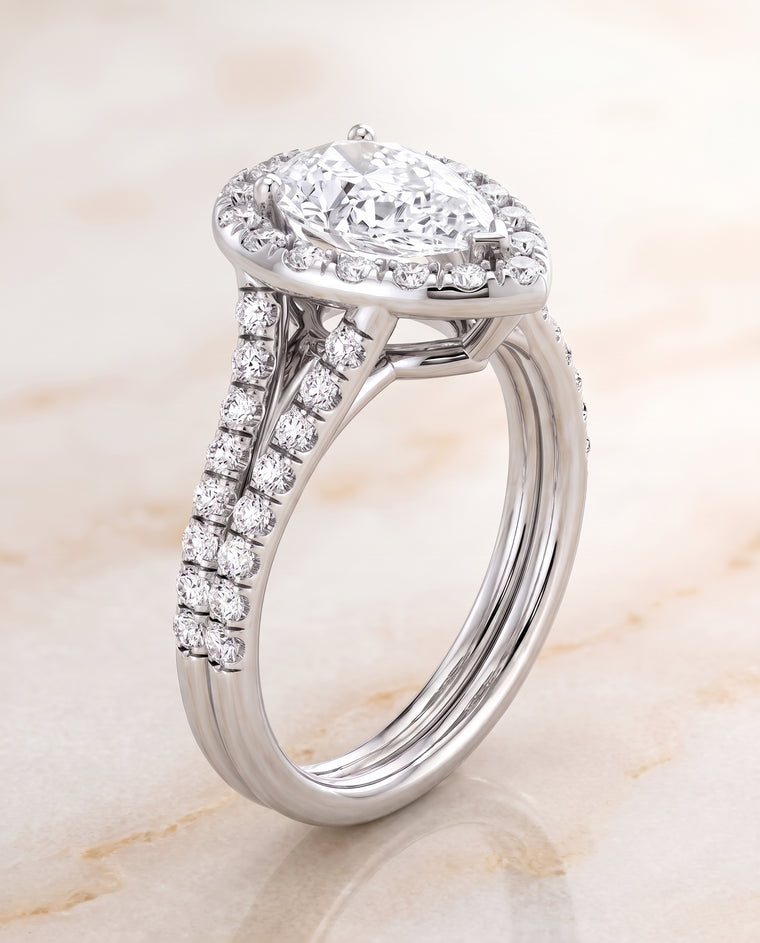 The Lira French Pavé Split Shank Halo Pear Engagement Ring Setting in Platinum