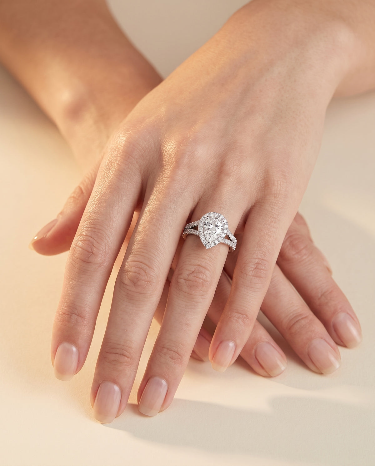 The Lira French Pavé Split Shank Halo Pear Engagement Ring Setting in Platinum