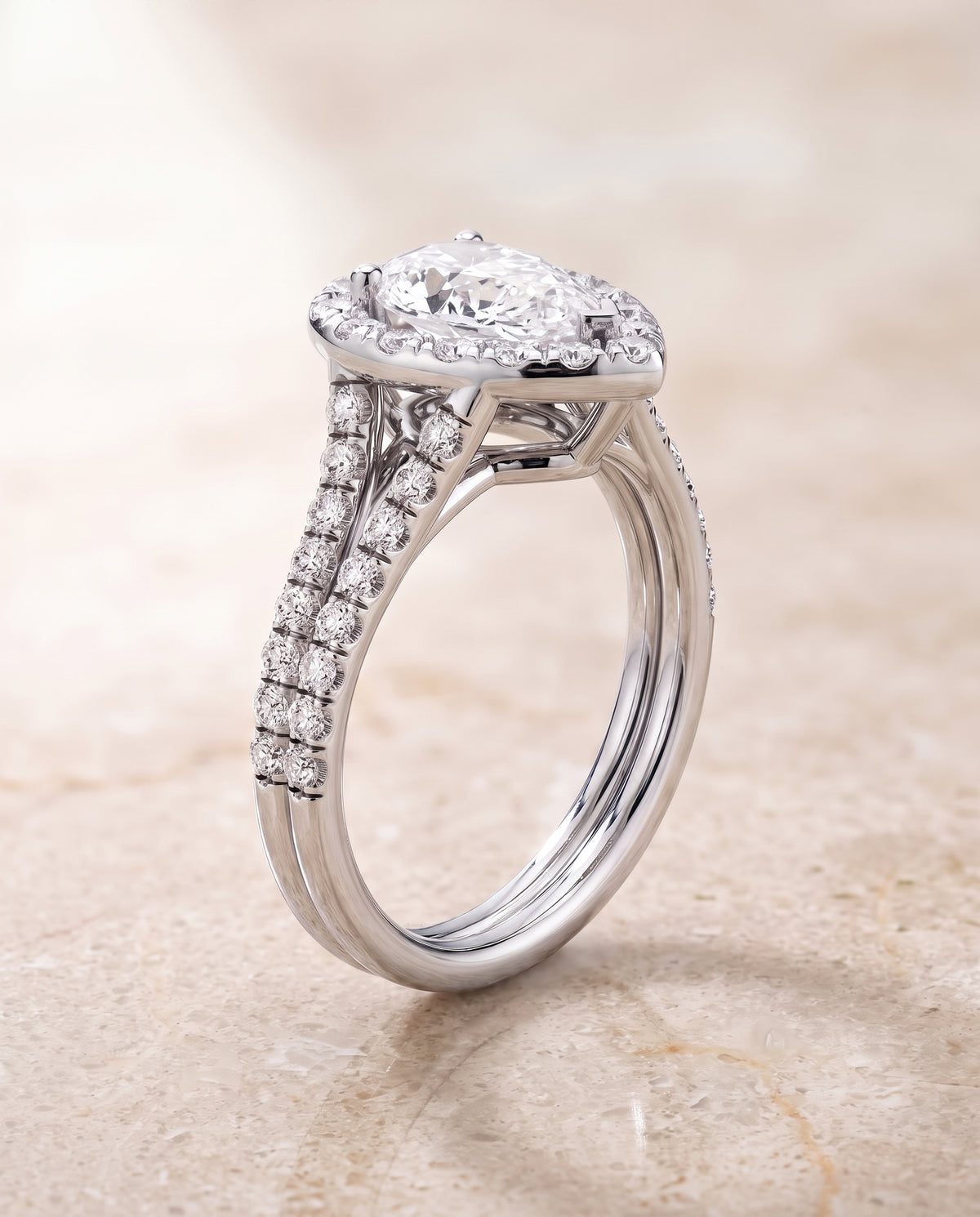 The Lira French Pavé Split Shank Halo Pear Engagement Ring Setting in Platinum