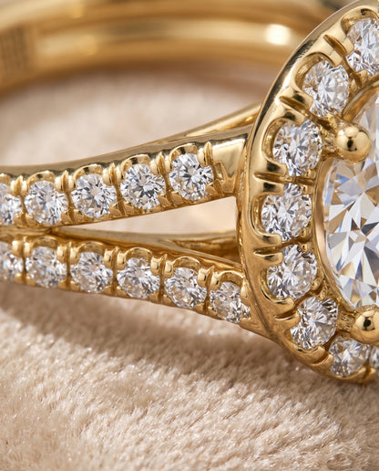 The Lira French Pavé Split Shank Halo Round Engagement Ring Setting in 18K Yellow Gold