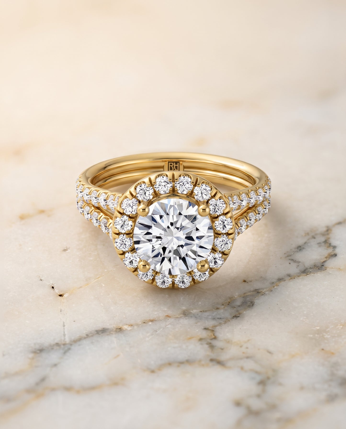 The Lira French Pavé Split Shank Halo Round Engagement Ring Setting in 18K Yellow Gold