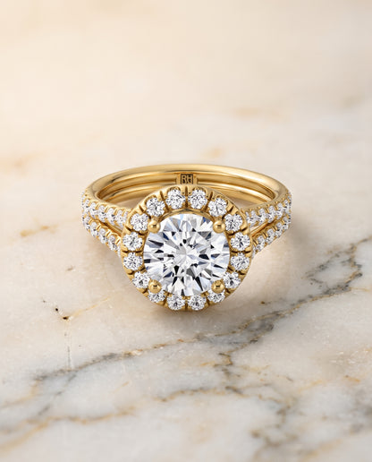 The Lira French Pavé Split Shank Halo Round Engagement Ring Setting in 18K Yellow Gold