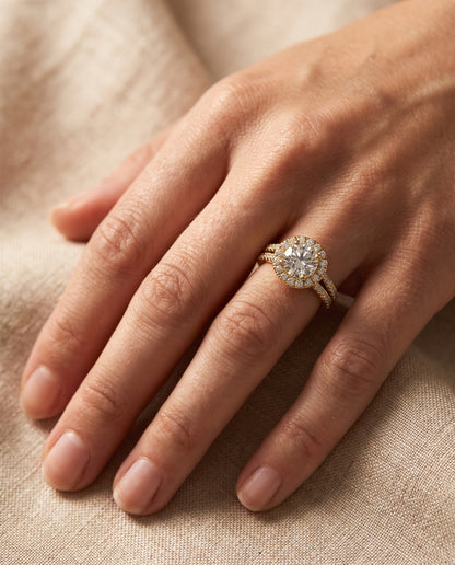 The Lira French Pavé Split Shank Halo Round Engagement Ring Setting in 18K Yellow Gold