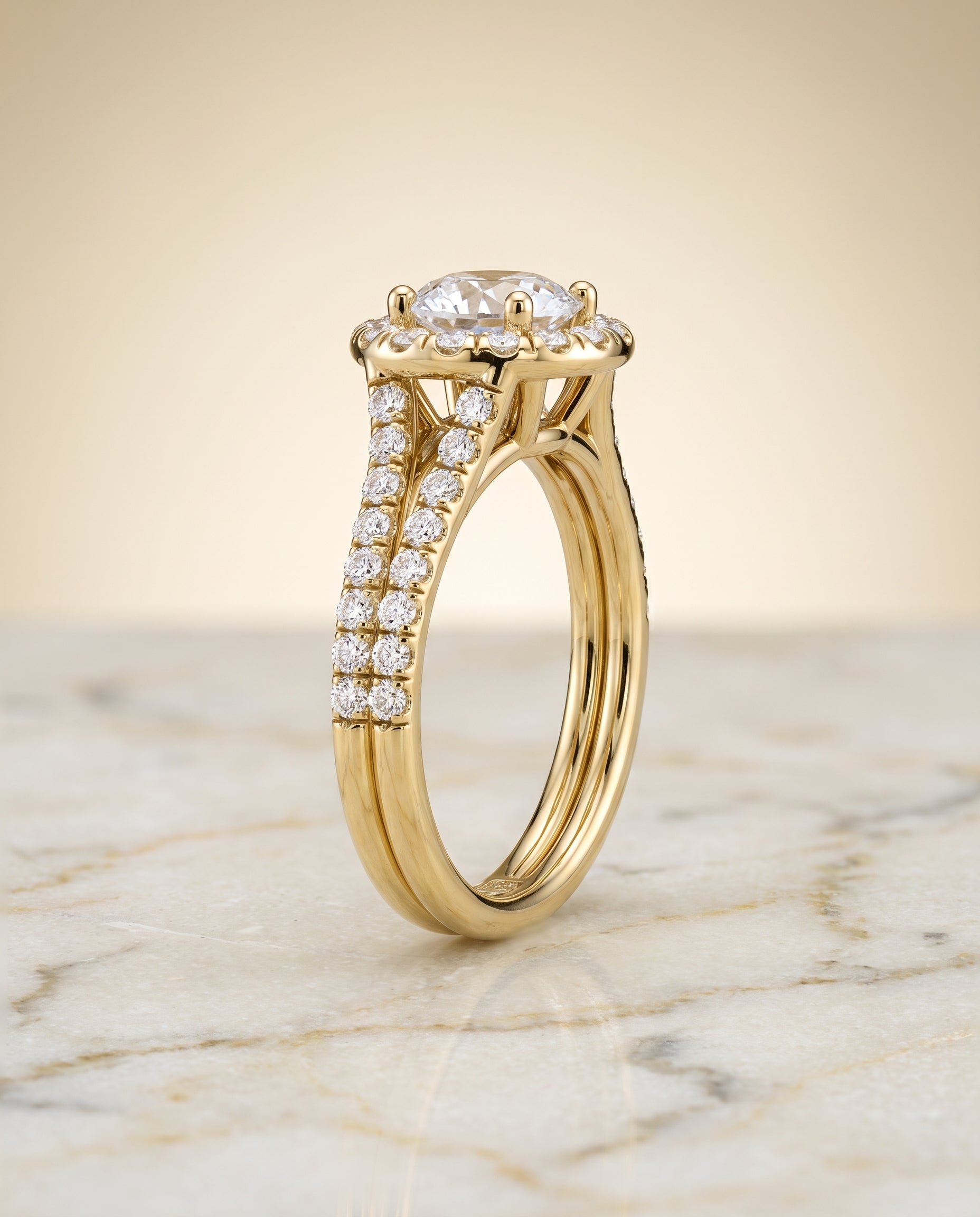 French Pavé Split Shank Halo styling on The Lira round engagement ring setting | RockHer
