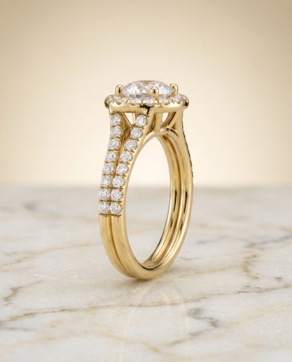 The Lira French Pavé Split Shank Halo Round Engagement Ring Setting in 18K Yellow Gold