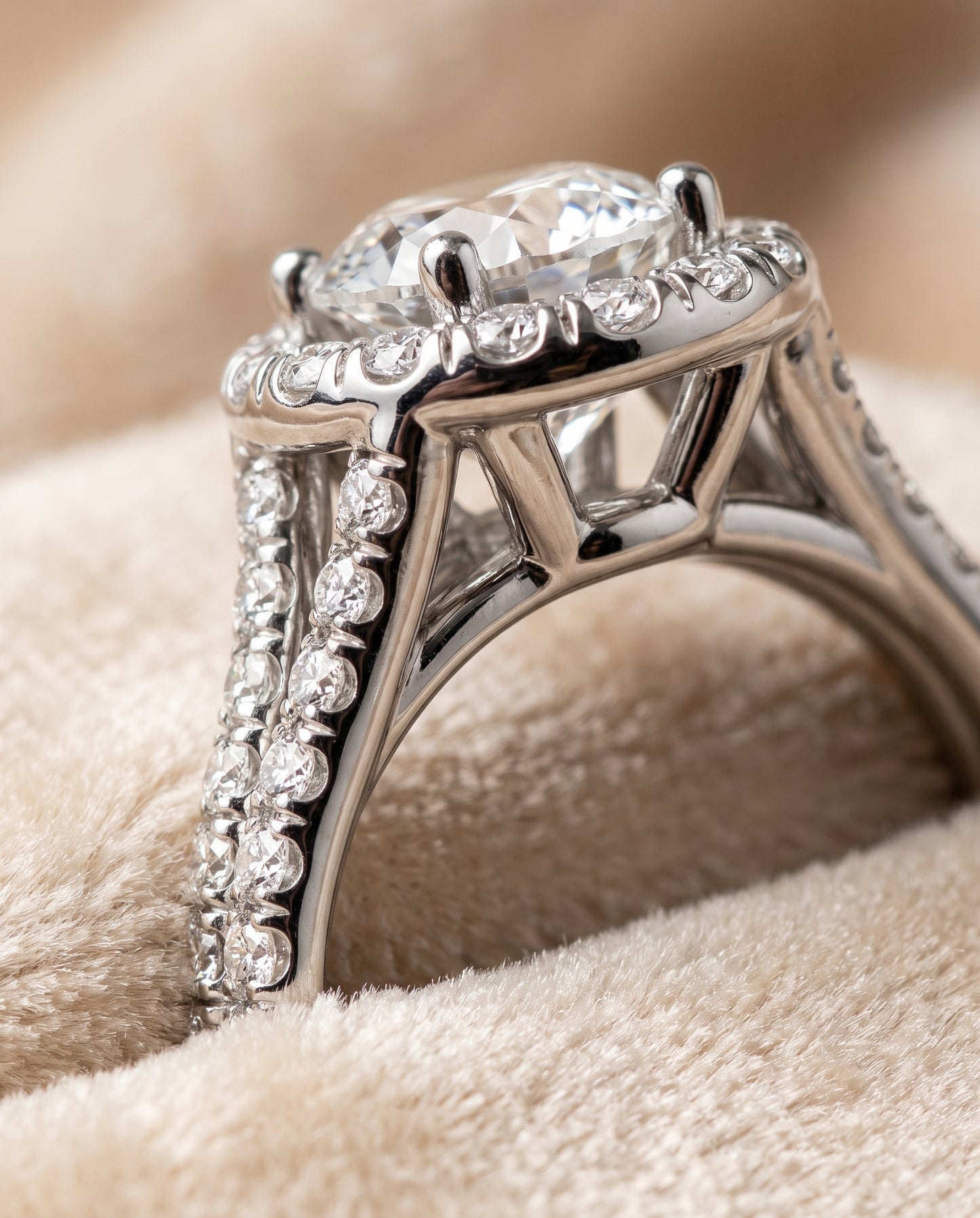 The Lira French Pavé Split Shank Halo Round Engagement Ring Setting in 18K White Gold