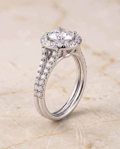 The Lira French Pavé Split Shank Halo Round Engagement Ring Setting in 18K White Gold