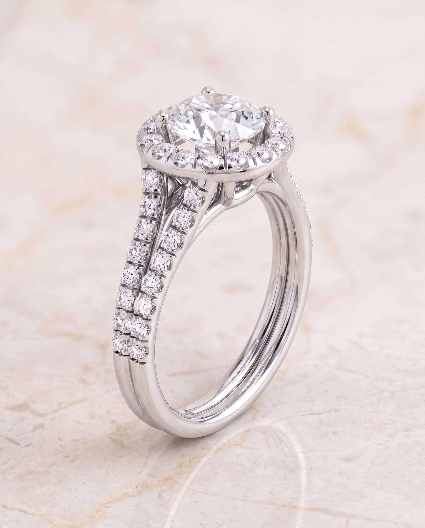 The Lira French Pavé Split Shank Halo Round Engagement Ring Setting in 18K White Gold