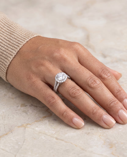 The Lira French Pavé Split Shank Halo Round Engagement Ring Setting in 18K White Gold