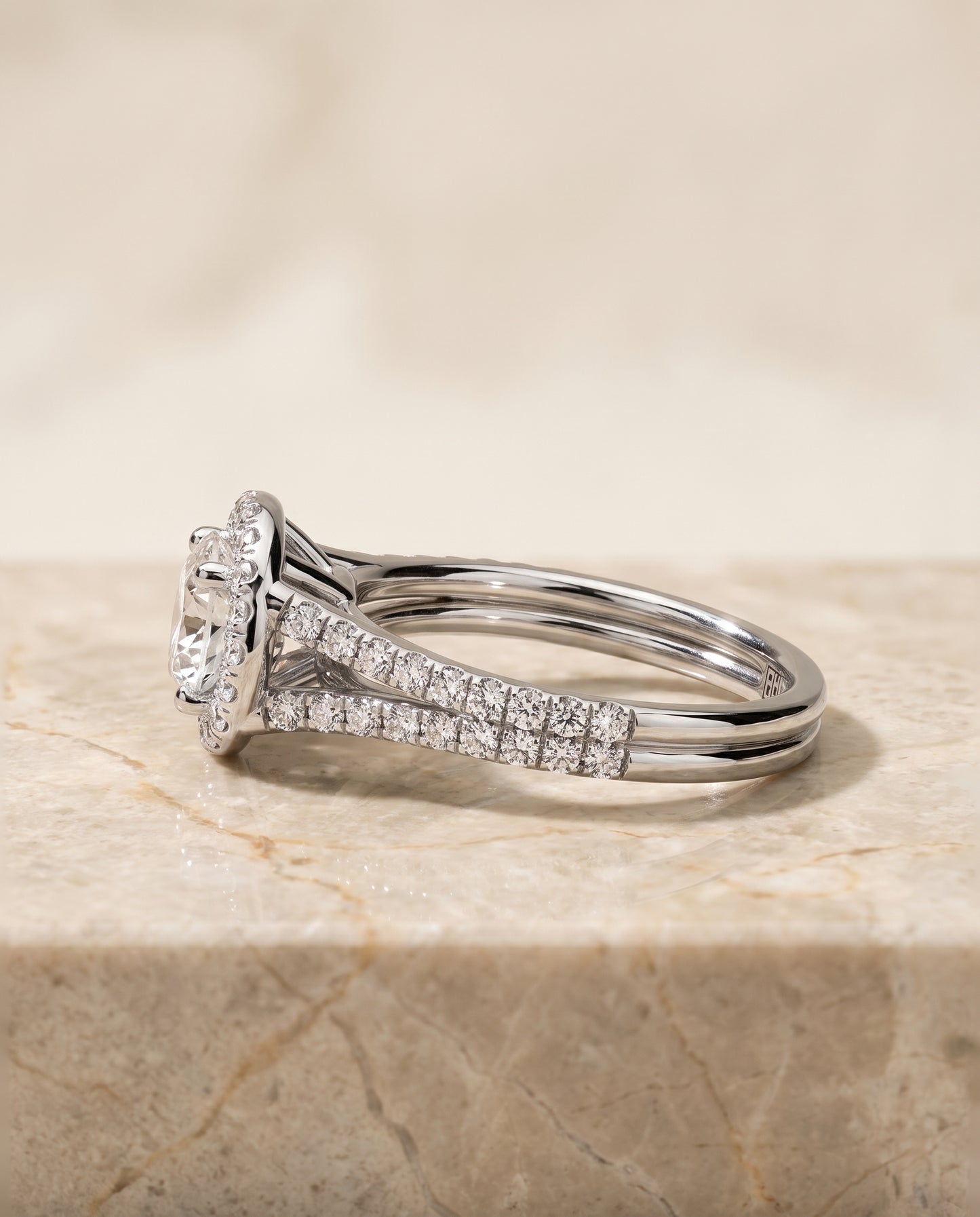 The Lira French Pavé Split Shank Halo Round Engagement Ring Setting in 18K White Gold