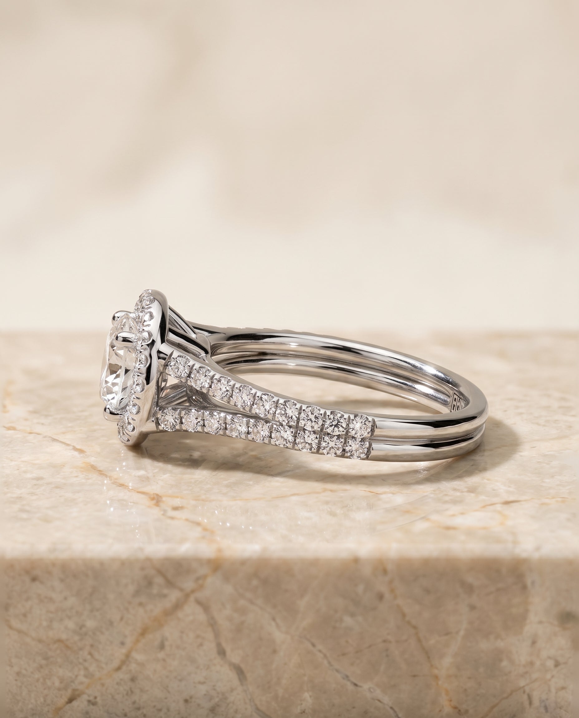 The Lira French Pavé Split Shank Halo Round Engagement Ring Setting in 18K White Gold