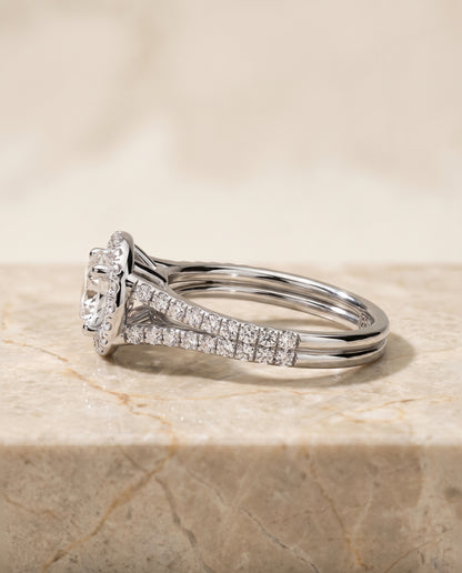 The Lira French Pavé Split Shank Halo Round Engagement Ring Setting in 18K White Gold