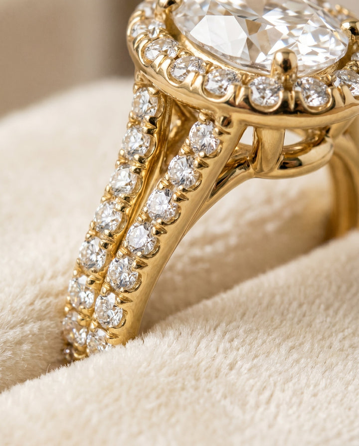 Lira Select Halo Oval Lab Diamond Engagement Ring in 18K Yellow Gold, detail view | RockHer
