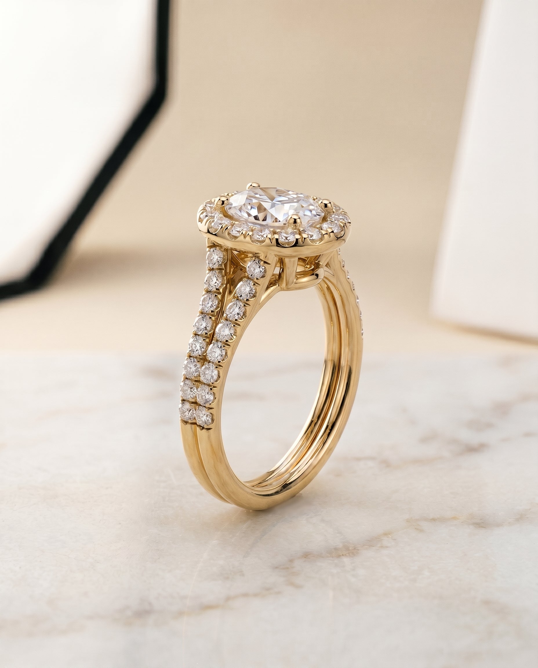 French Pavé Split Shank Halo styling on The Lira oval engagement ring setting | RockHer