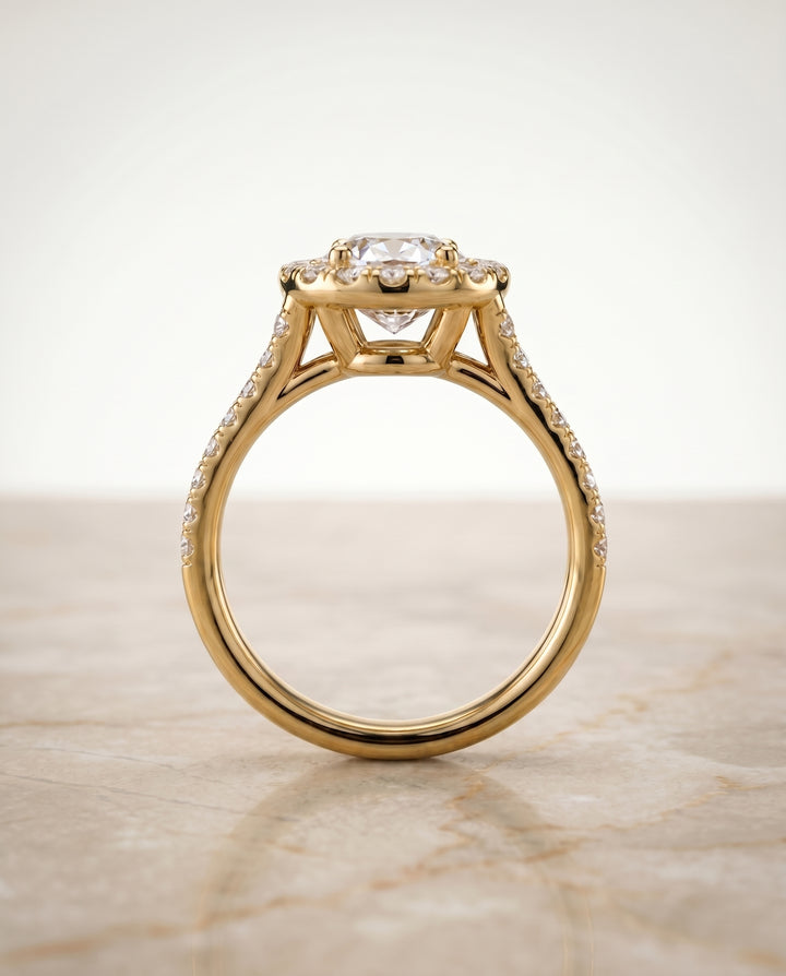The Lira French Pavé Split Shank Halo Oval Engagement Ring Setting in 18K Yellow Gold