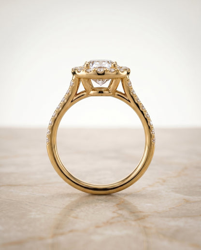 Lira Select Halo Oval Lab Diamond Engagement Ring in 18K Yellow Gold, side view | RockHer
