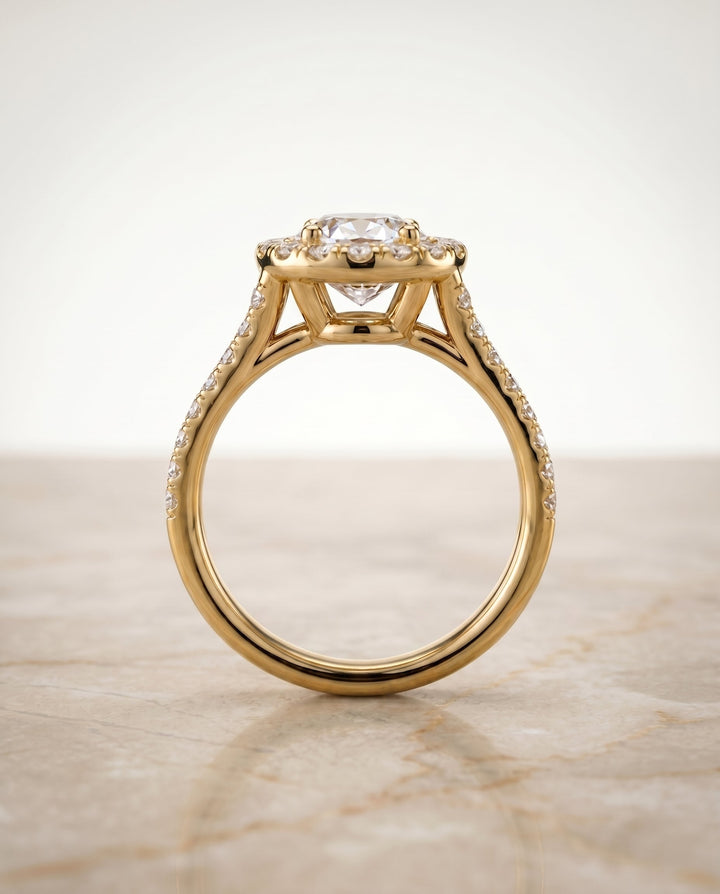 Lira Select Halo Oval Lab Diamond Engagement Ring in 18K Yellow Gold, side view | RockHer
