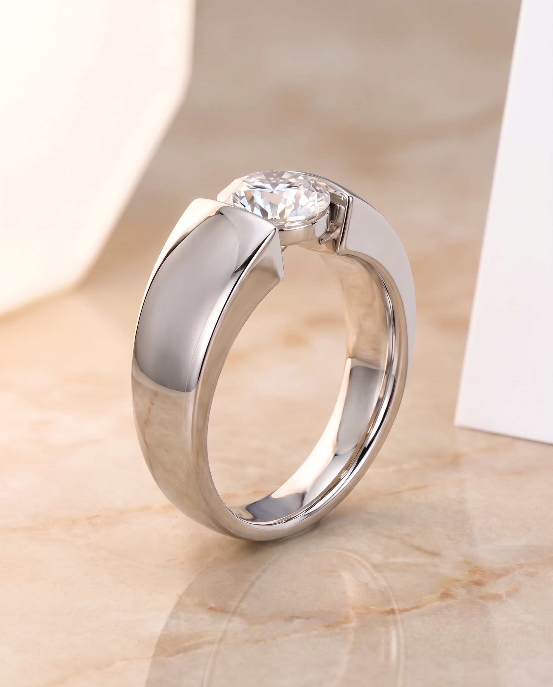 The Lola Cigar Band Solitaire Round Engagement Ring Setting in 18K White Gold