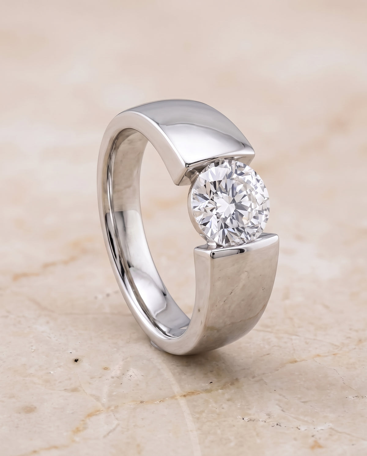 The Lola Cigar Band Solitaire Round Engagement Ring Setting in 18K White Gold