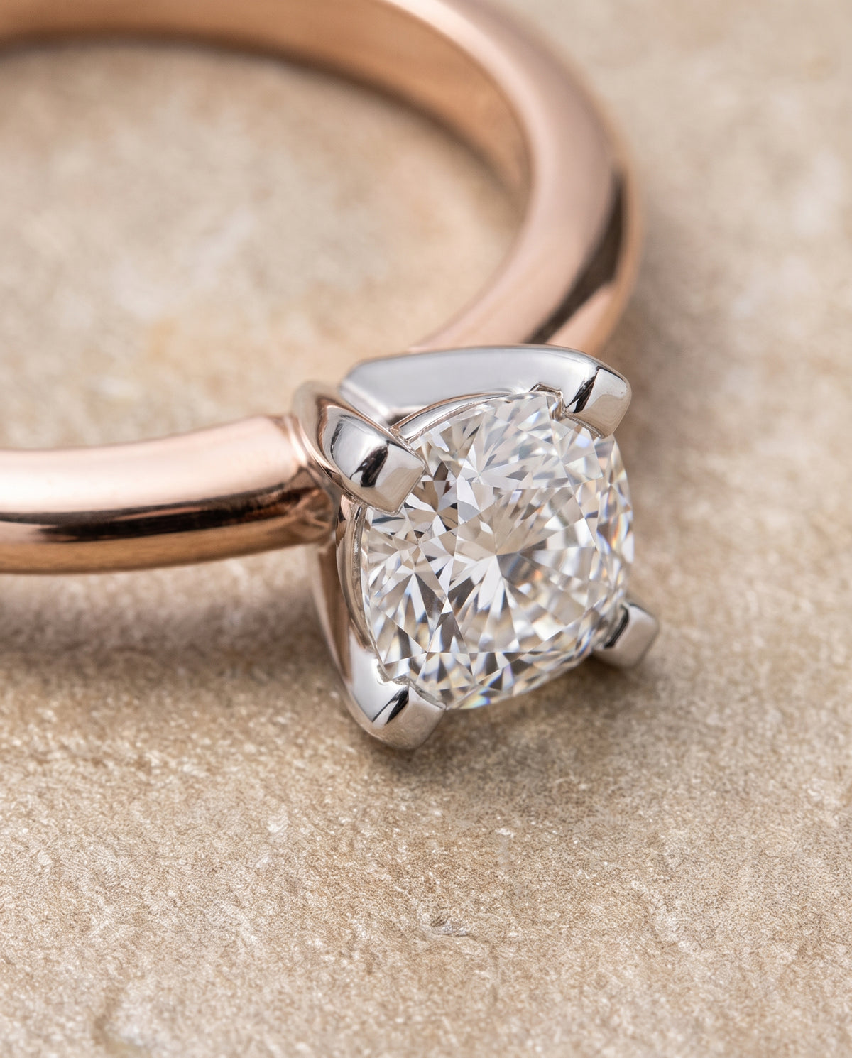 The Lolette Classic Low Base Solitaire Cushion Cut Engagement Ring Setting in 14K Rose Gold