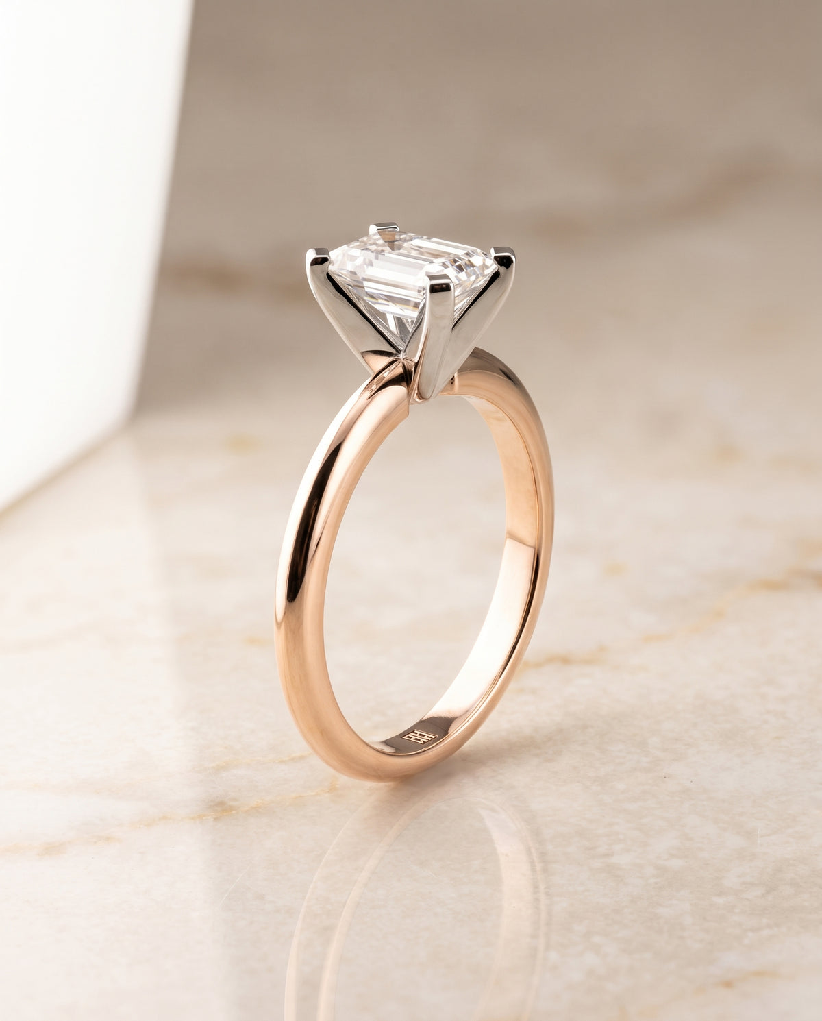 The Lolette Classic Low Base Solitaire Emerald Cut Engagement Ring Setting in 14K Rose Gold