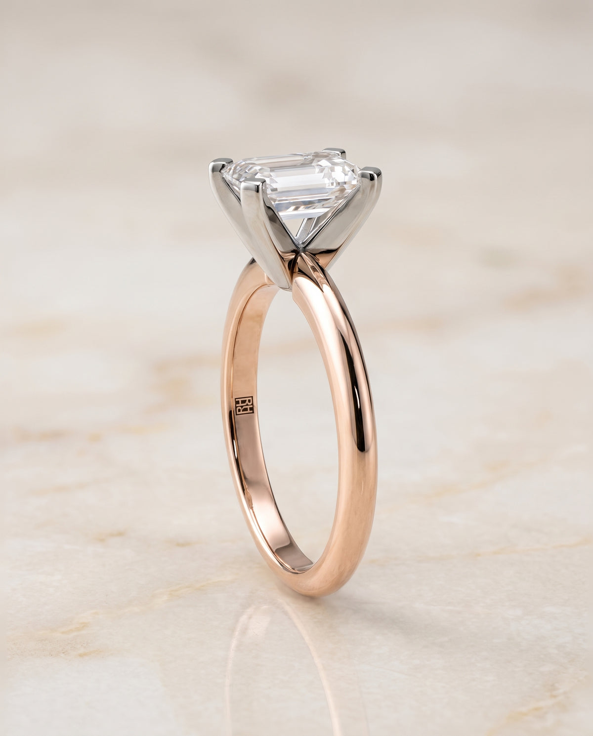 The Lolette Classic Low Base Solitaire Emerald Cut Engagement Ring Setting in 14K Rose Gold