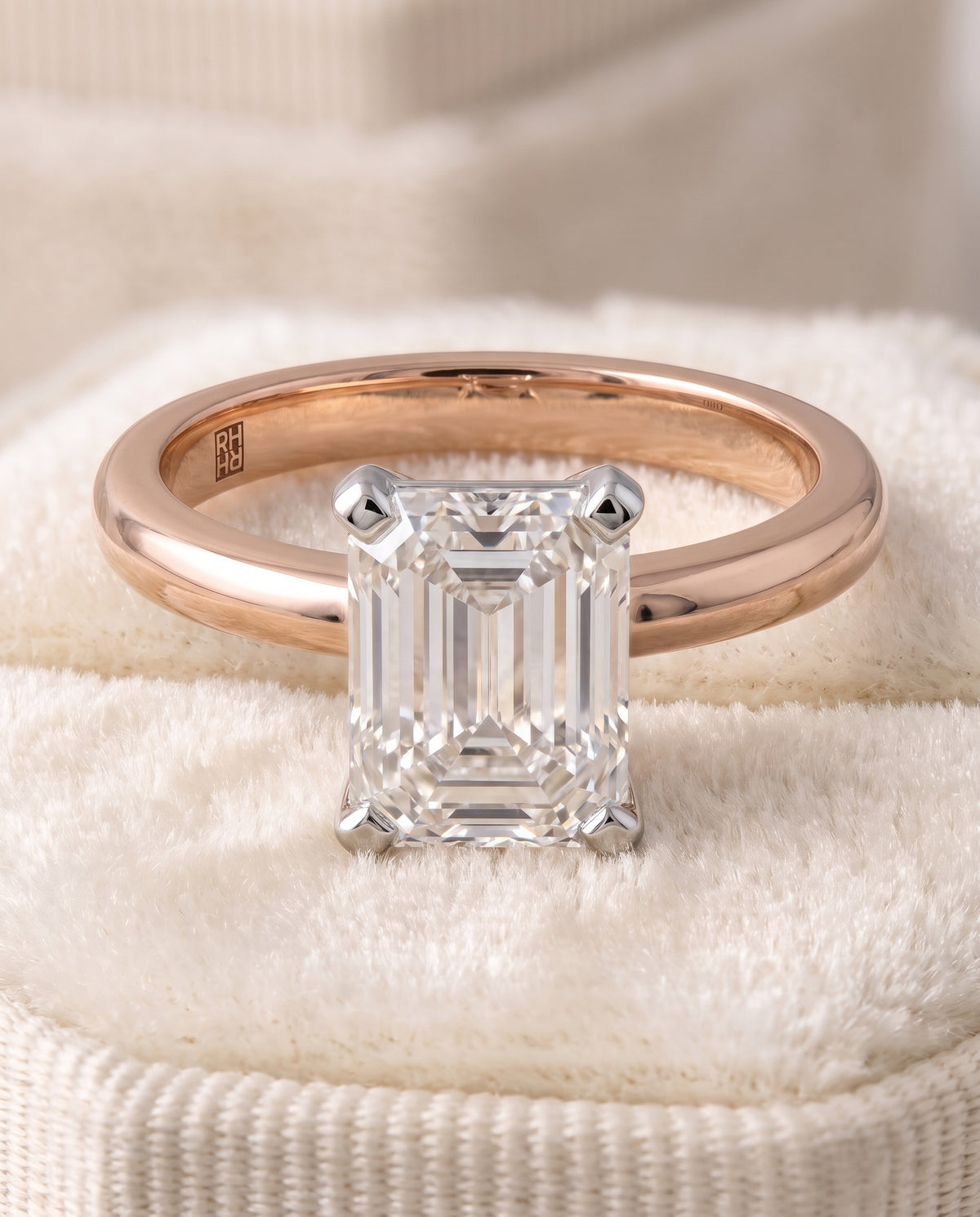 The Lolette Classic Low Base Solitaire Emerald Cut Engagement Ring Setting in 14K Rose Gold