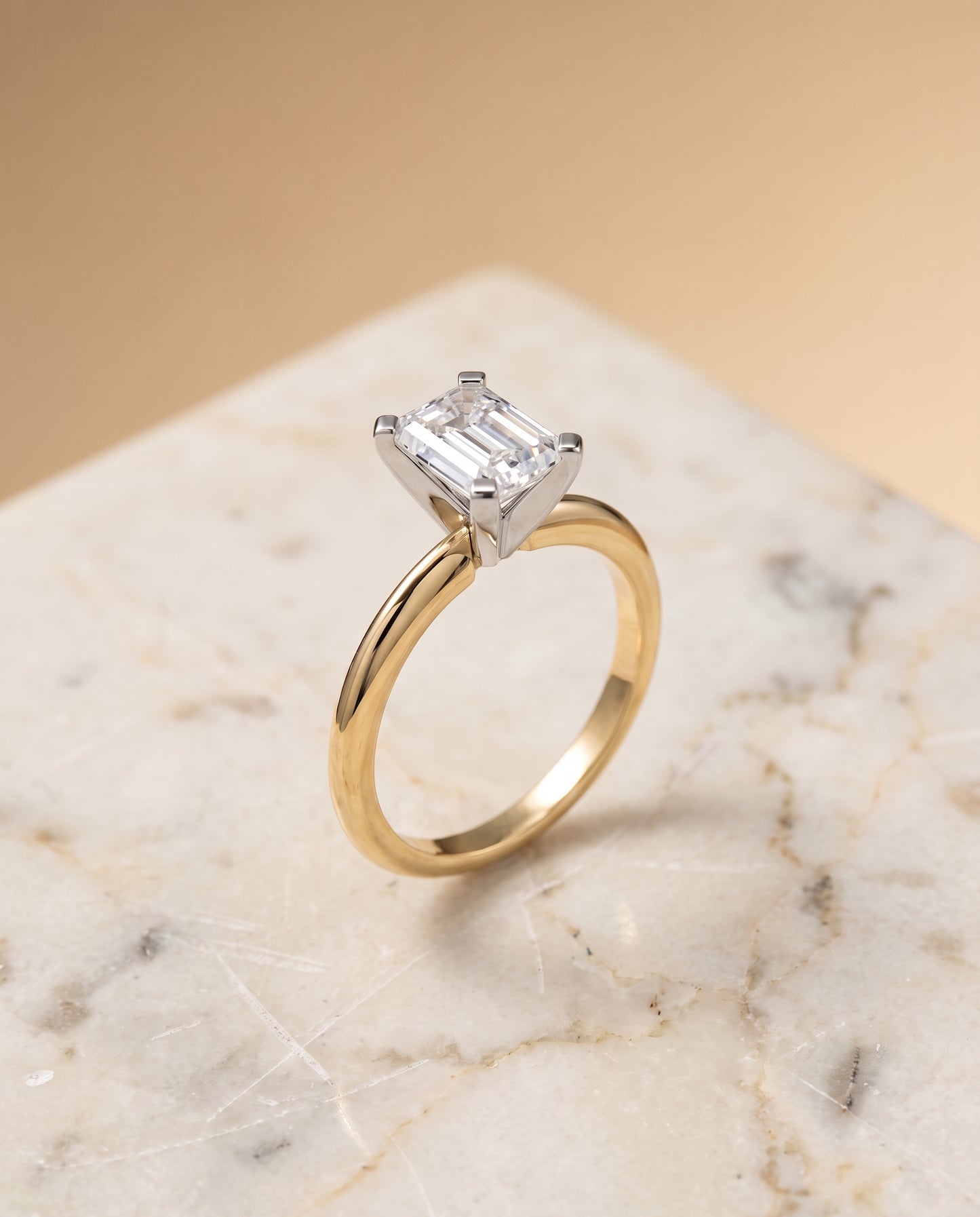 The Lolette Classic Low Base Solitaire Emerald Cut Engagement Ring Setting in 18K Yellow Gold