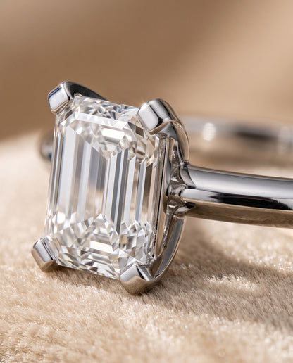 The Lolette Classic Low Base Solitaire Emerald Cut Engagement Ring Setting in Platinum