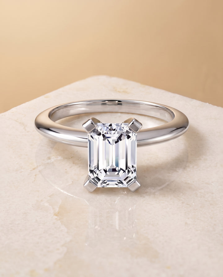 The Lolette Classic Low Base Solitaire Emerald Cut Engagement Ring Setting in Platinum
