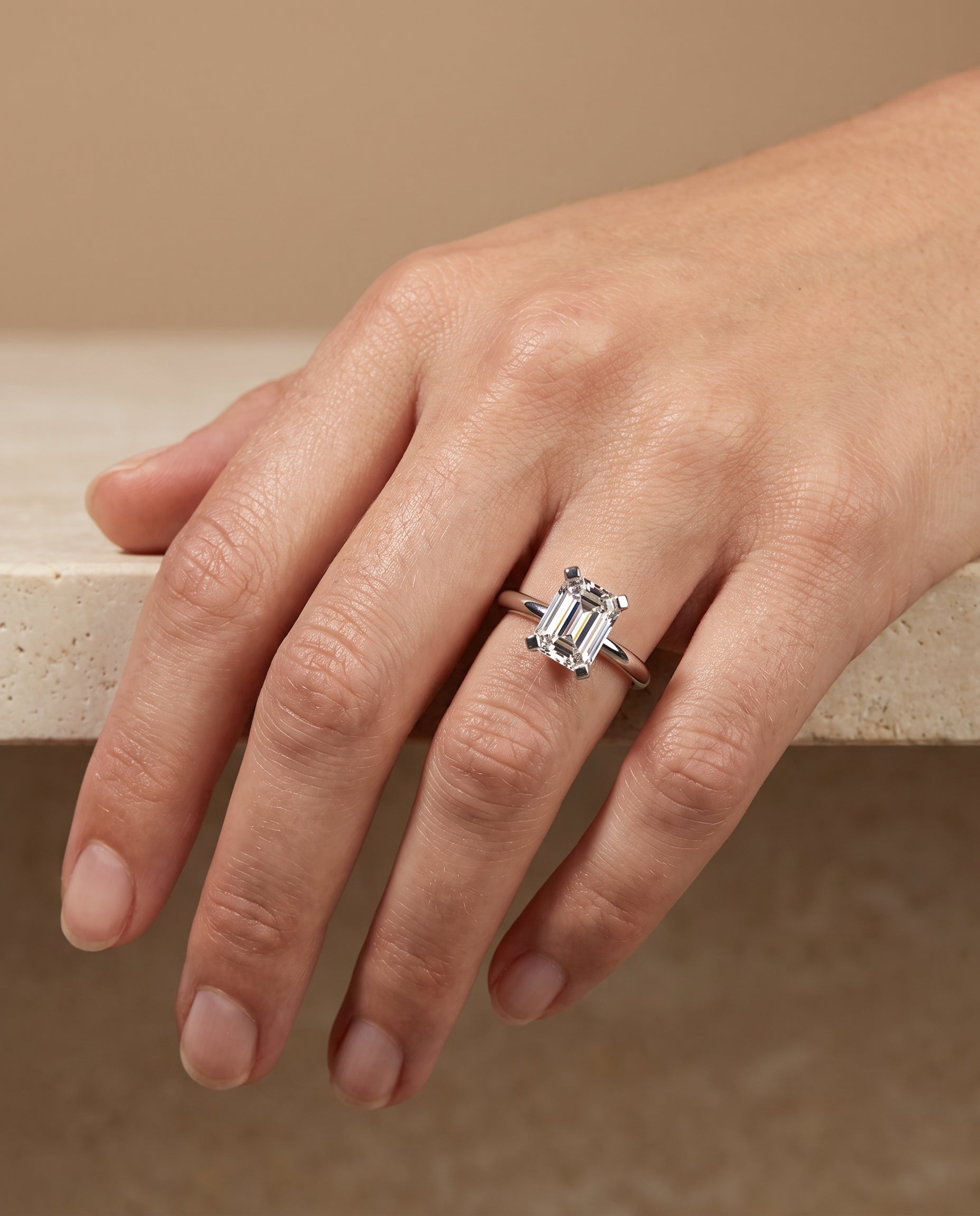 The Lolette Classic Low Base Solitaire Emerald Cut Engagement Ring Setting in Platinum