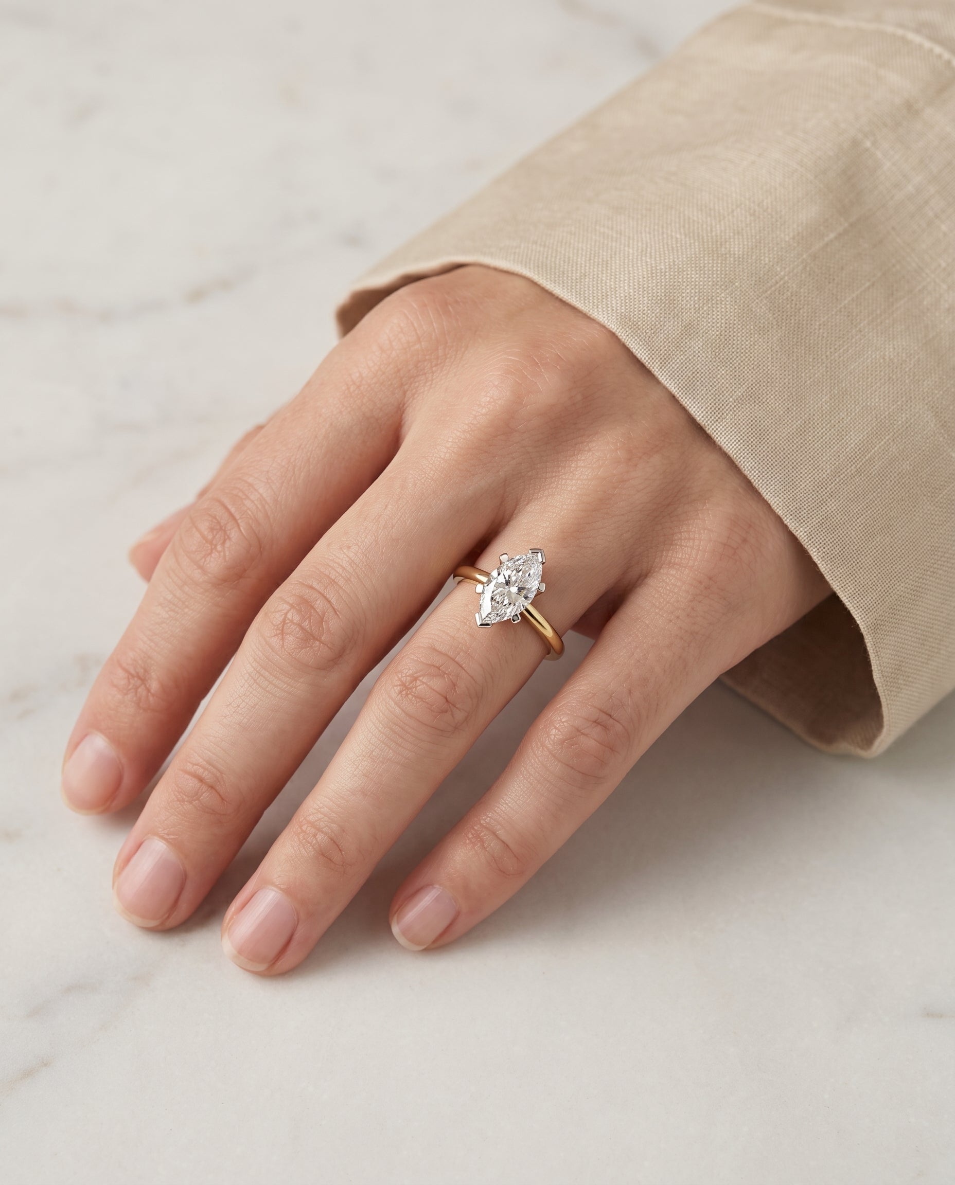 The Lolette Classic Low Base Solitaire Marquise Engagement Ring Setting in 18K Yellow Gold