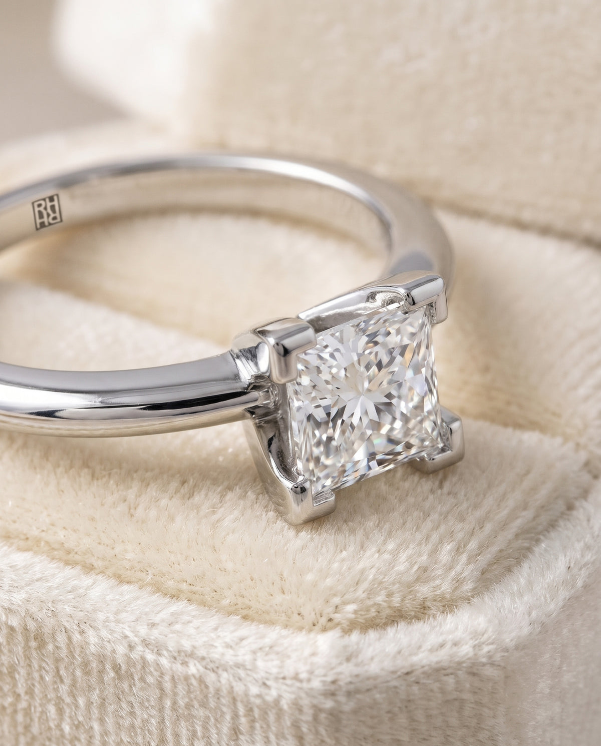 The Lolette Classic Low Base Solitaire Princess Cut Engagement Ring Setting in Platinum