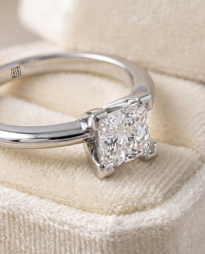 The Lolette Classic Low Base Solitaire Princess Cut Engagement Ring Setting in Platinum