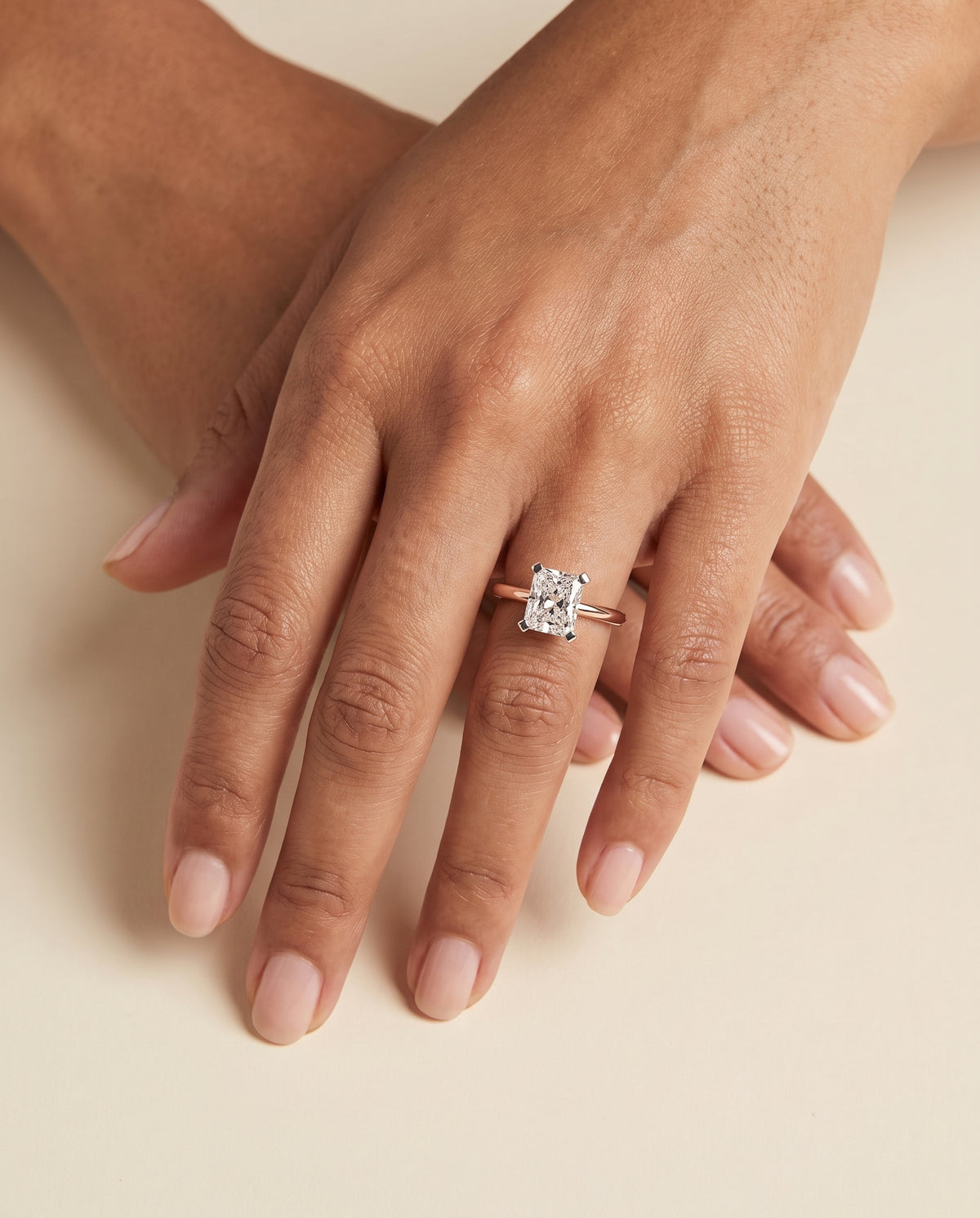 The Lolette Classic Low Base Solitaire Radiant Cut Engagement Ring Setting in 14K Rose Gold