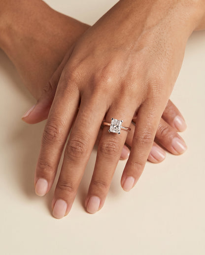 The Lolette Classic Low Base Solitaire Radiant Cut Engagement Ring Setting in 14K Rose Gold