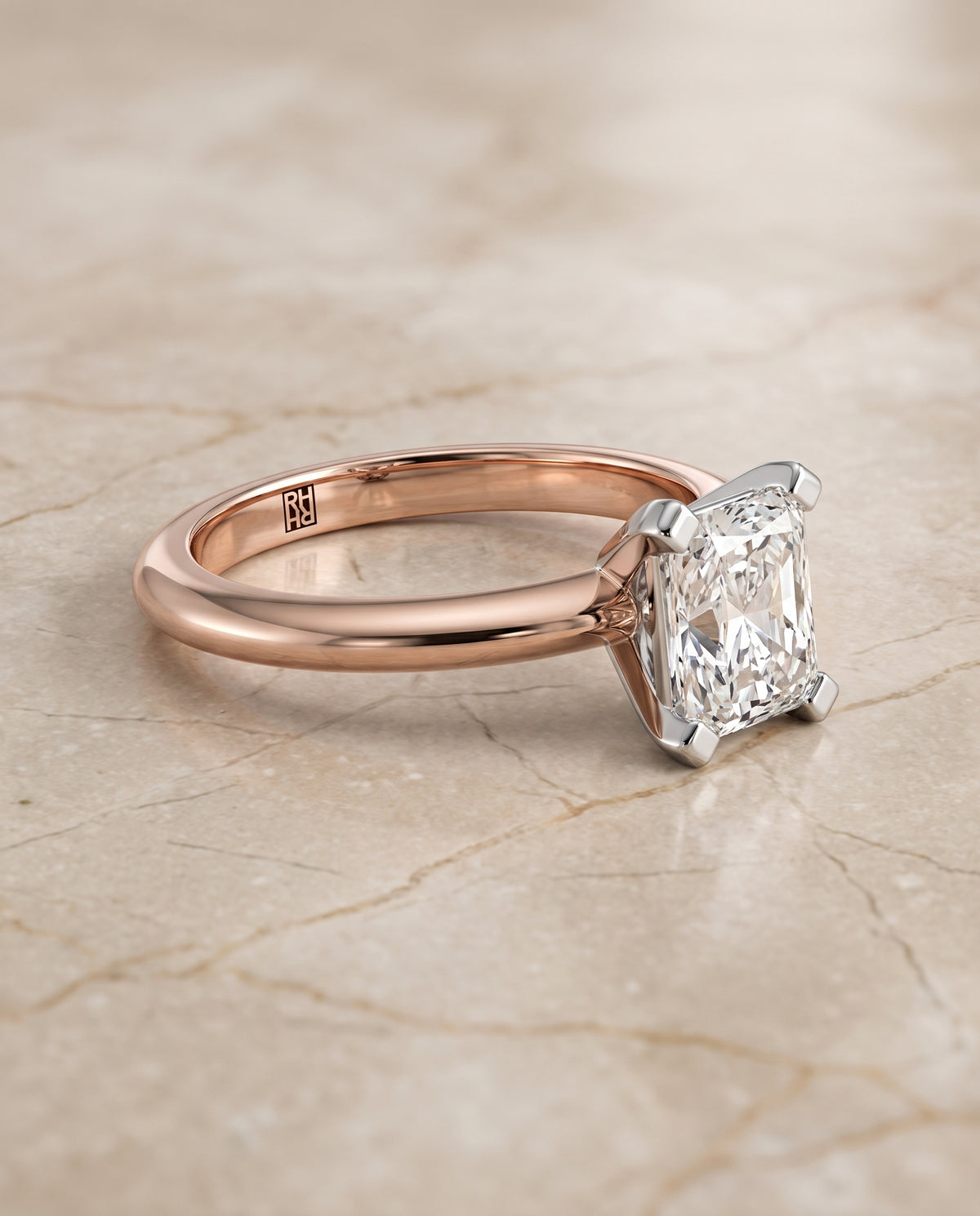 The Lolette Classic Low Base Solitaire Radiant Cut Engagement Ring Setting in 14K Rose Gold