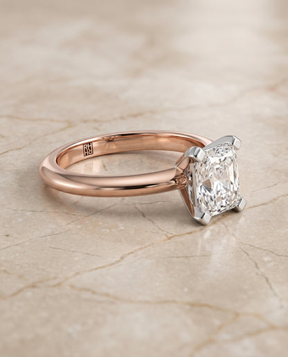 The Lolette Classic Low Base Solitaire Radiant Cut Engagement Ring Setting in 14K Rose Gold