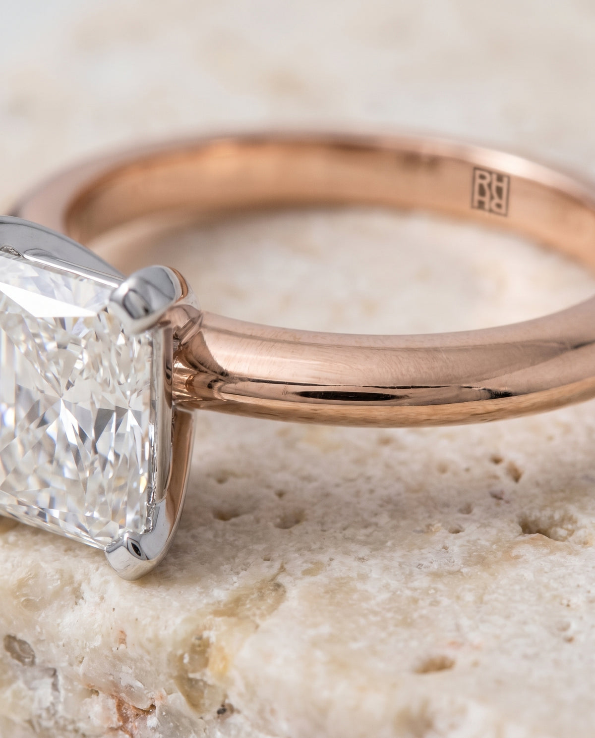 The Lolette Classic Low Base Solitaire Radiant Cut Engagement Ring Setting in 14K Rose Gold