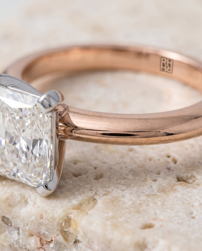 The Lolette Classic Low Base Solitaire Radiant Cut Engagement Ring Setting in 14K Rose Gold
