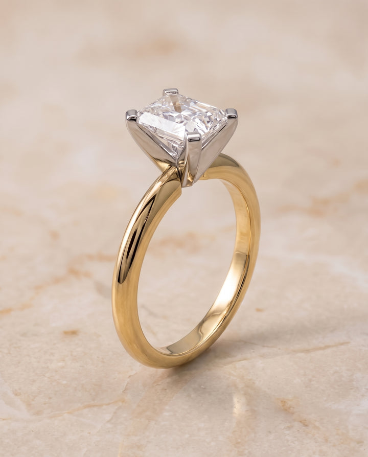 The Lolette Classic Low Base Solitaire Radiant Cut Engagement Ring Setting in 18K Yellow Gold