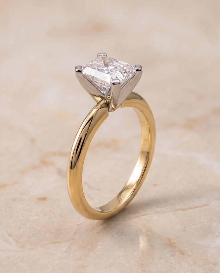The Lolette Classic Low Base Solitaire Radiant Cut Engagement Ring Setting in 18K Yellow Gold
