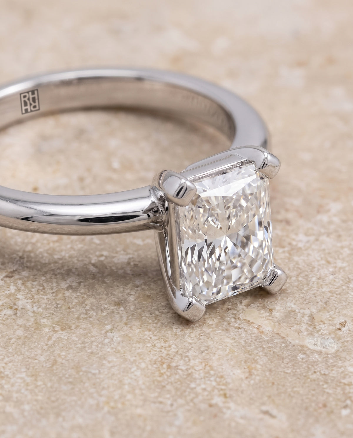 The Lolette Classic Low Base Solitaire Radiant Cut Engagement Ring Setting in Platinum