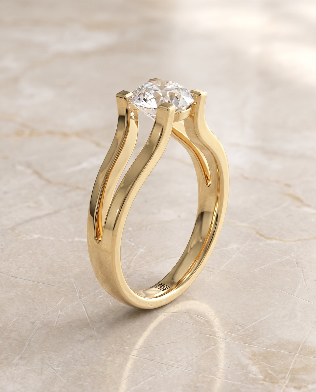 The Lorelei Plain High Polish Split Shank Solitaire Round Engagement Ring Setting in 18K Yellow Gold
