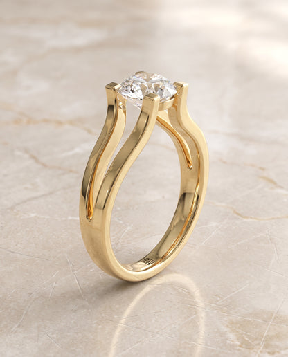 The Lorelei Plain High Polish Split Shank Solitaire Round Engagement Ring Setting in 18K Yellow Gold