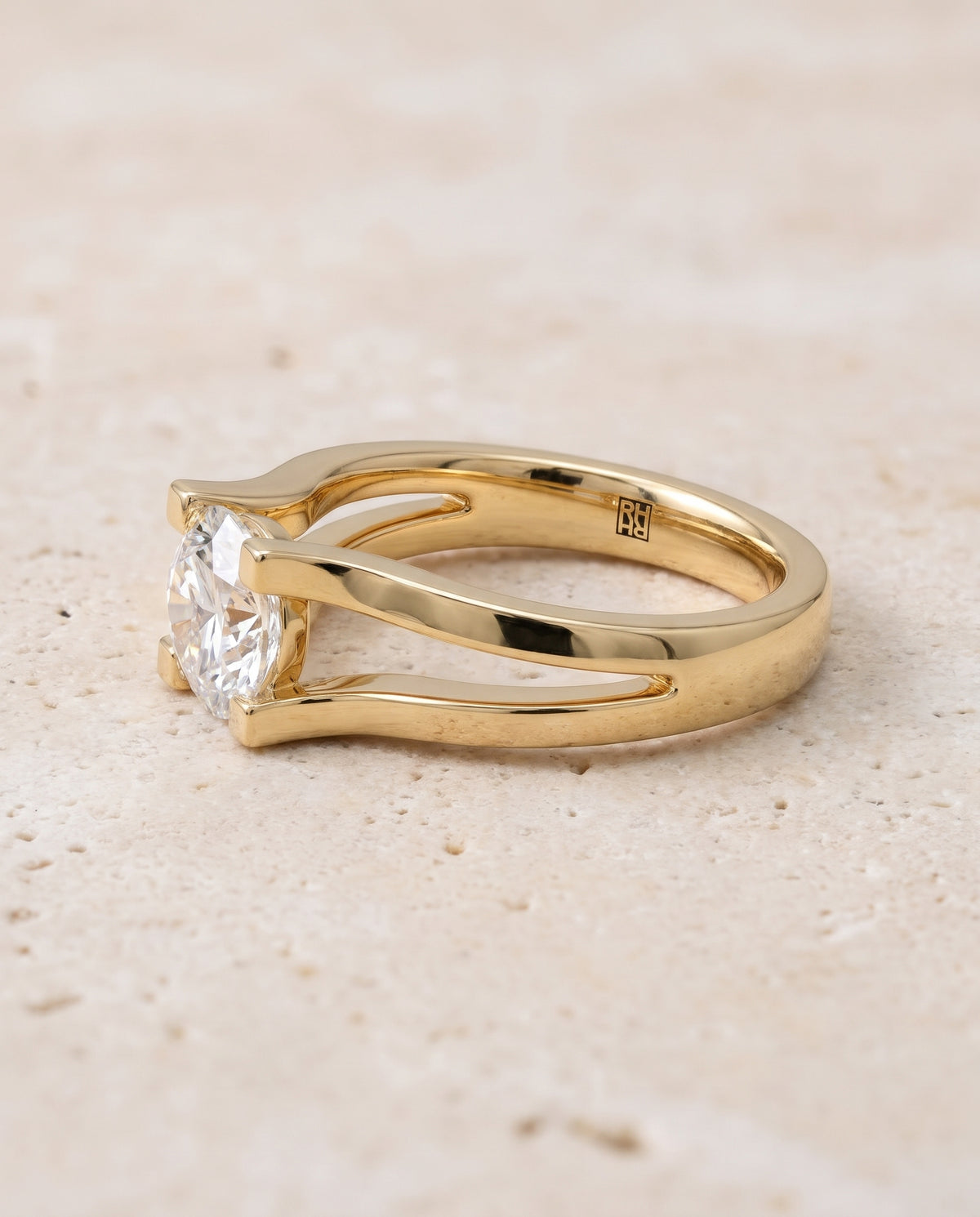 The Lorelei Plain High Polish Split Shank Solitaire Round Engagement Ring Setting in 18K Yellow Gold