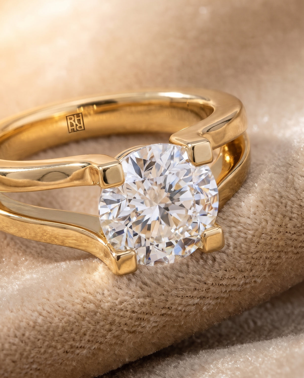 The Lorelei Plain High Polish Split Shank Solitaire Round Engagement Ring Setting in 18K Yellow Gold