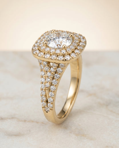 Round Brilliant, Four Row Double Halo, in 18K Yellow Gold, pave setting – angled view | RockHer